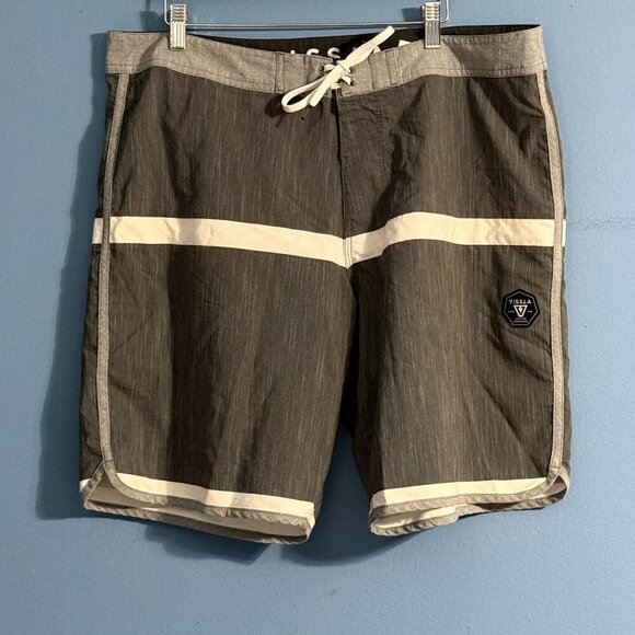 VISSLA Board Shorts Swim Trunks Stripe Unlined Drawstring Logo Gray White Men 38 - Picture 1 of 7